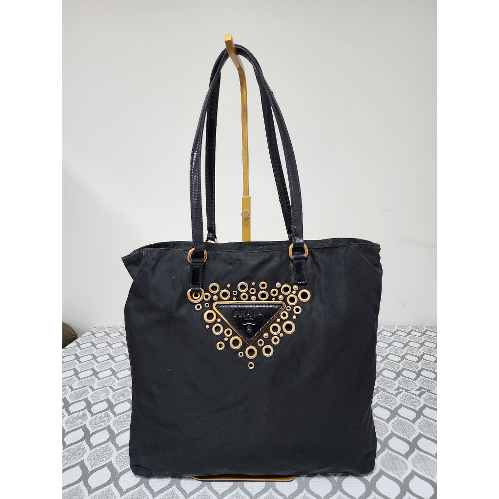 PRADA Logo Grommet Tessuto Nylon Tote Bag Black/Gold